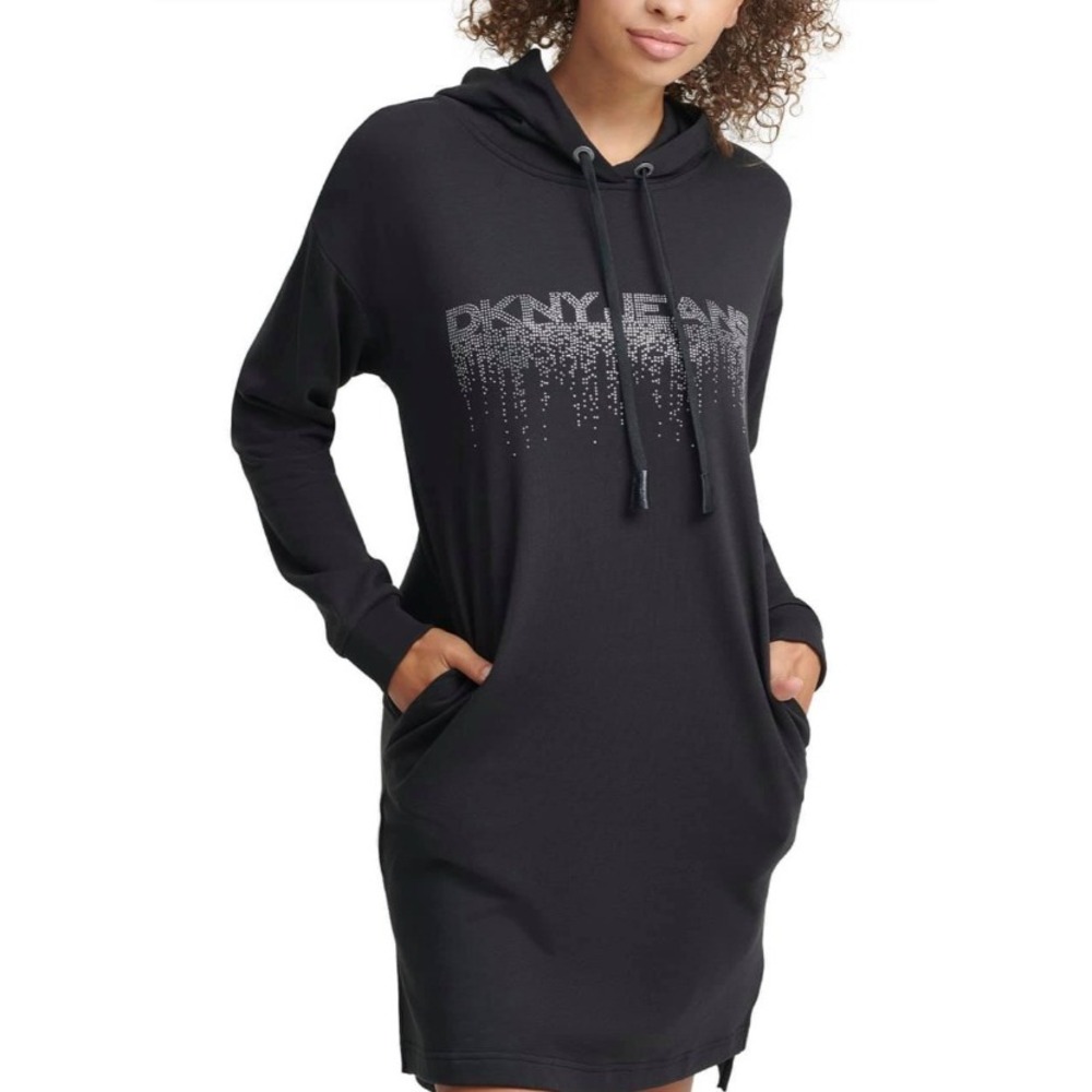 DKNY Jeans Hoodie Dress Womens XS Black Rhinestone Logo Sweatshirt Pullover Mini